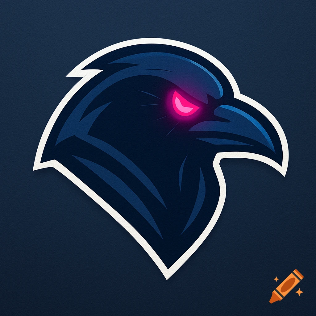 Stylized navy blue crow logo with a glowing neon pink eye and a sharp white outline on a dark blue background.