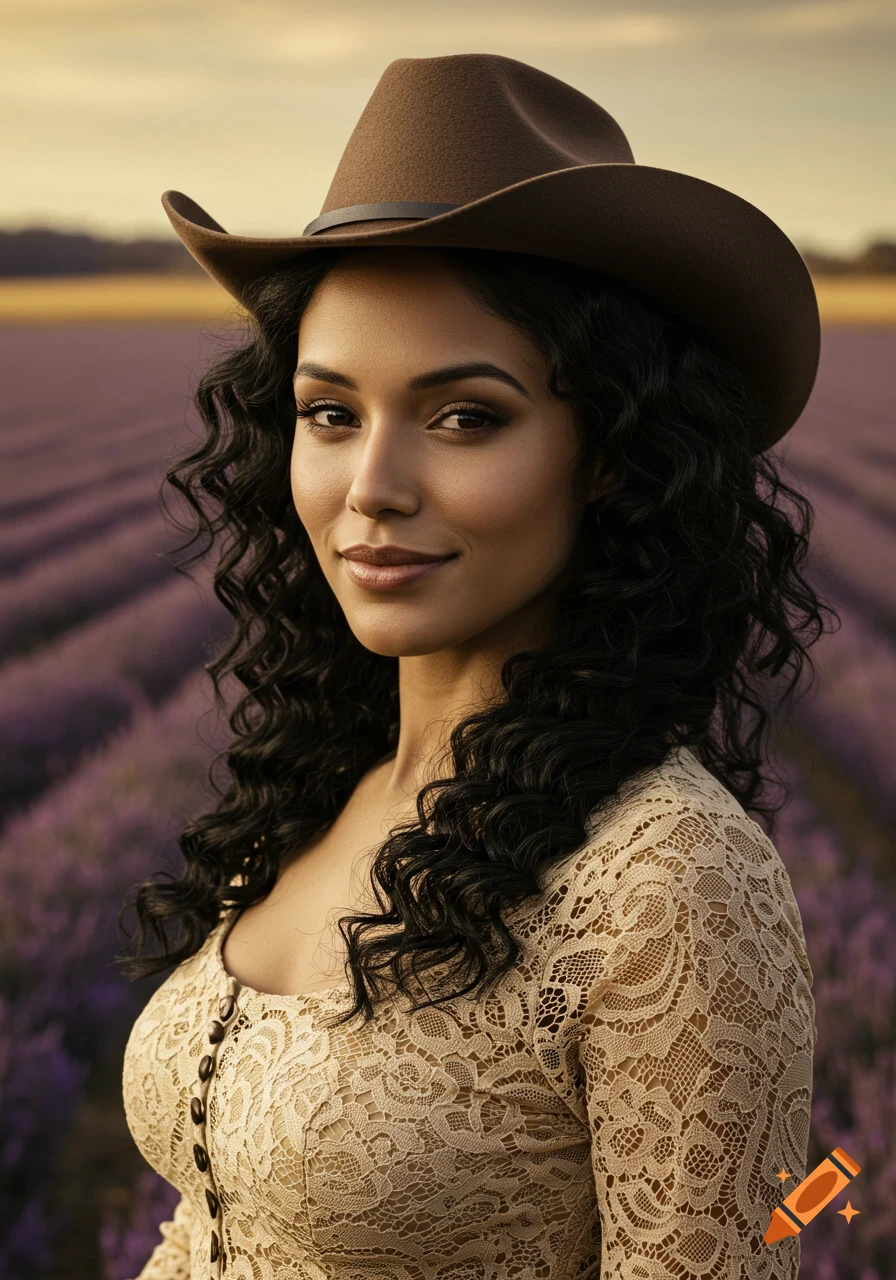 Photorealistic portrait of a woman in a cowboy hat and lace dress, smiling in a lavender field at sunset.