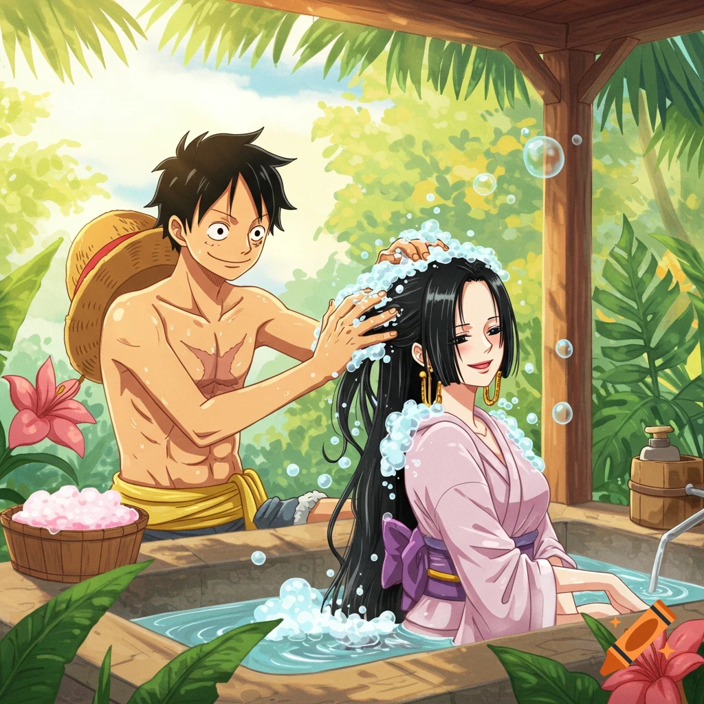 Anime characters Luffy washing Hancock's hair in an outdoor tropical bath, surrounded by lush plants.