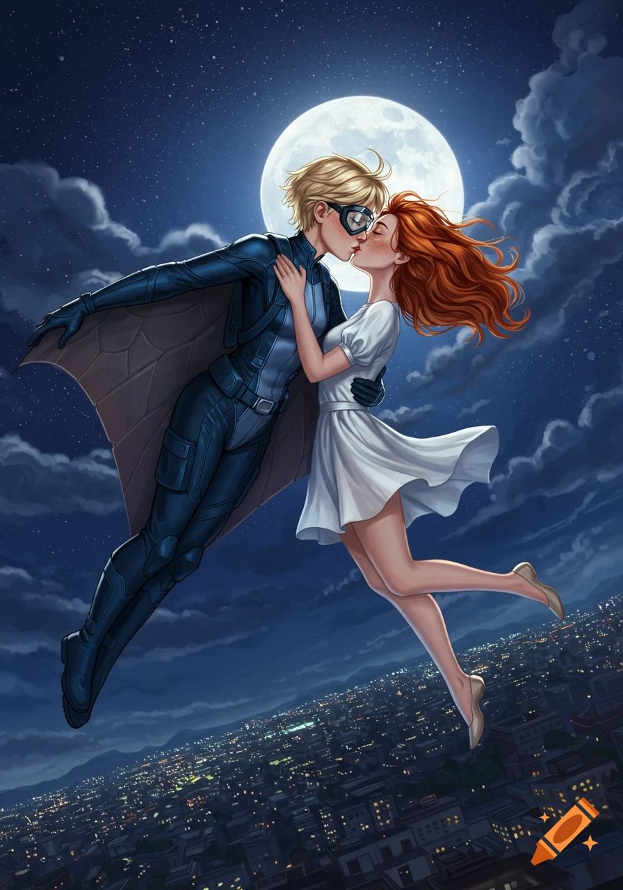 Superhero Aero in a blue-black wingsuit kisses her wife Erica in a white dress while flying under a full moon above a city at night.