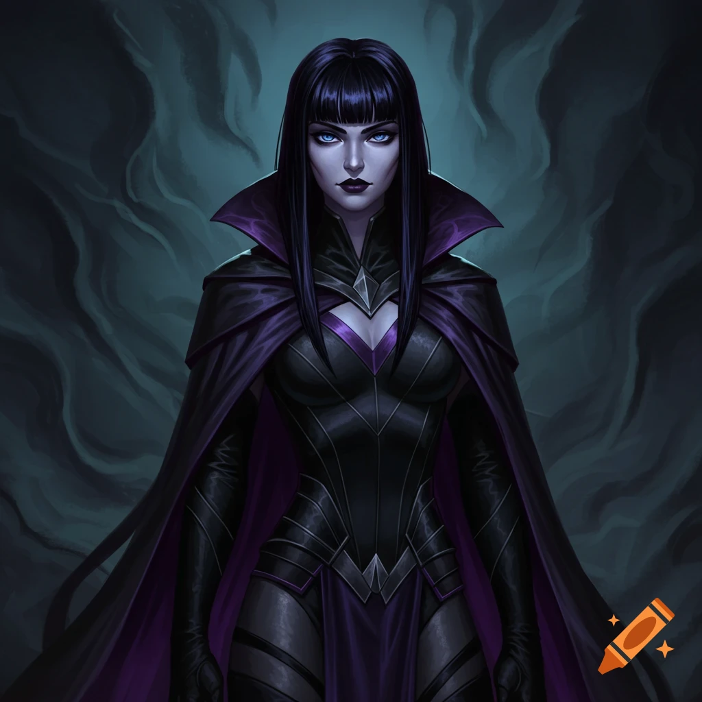 A dark-haired woman with blue eyes, dressed in a black and purple armored outfit and a long cape, depicted in a comic art style against a smoky background.