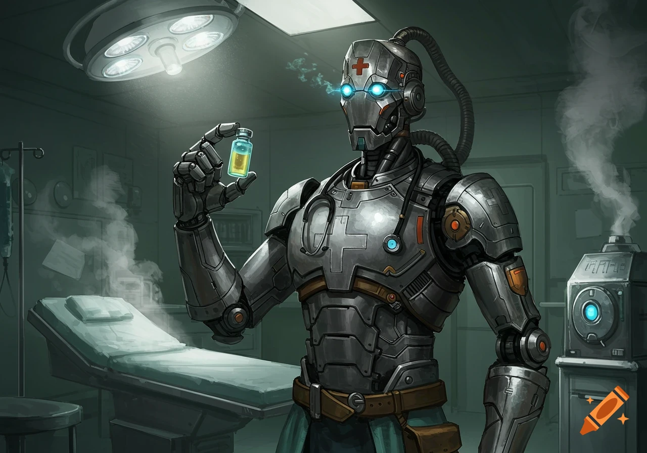 A sci-fi warforged robot doctor with glowing blue eyes holds a yellow vial in a dimly lit medical room with an operating light and bed.