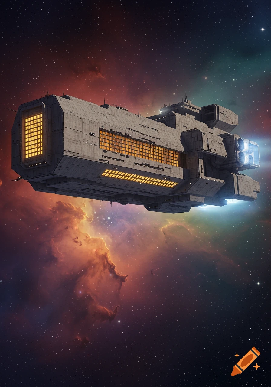 A large, blocky Brutalist spaceship with illuminated windows flies through a colorful red and green nebula in space.