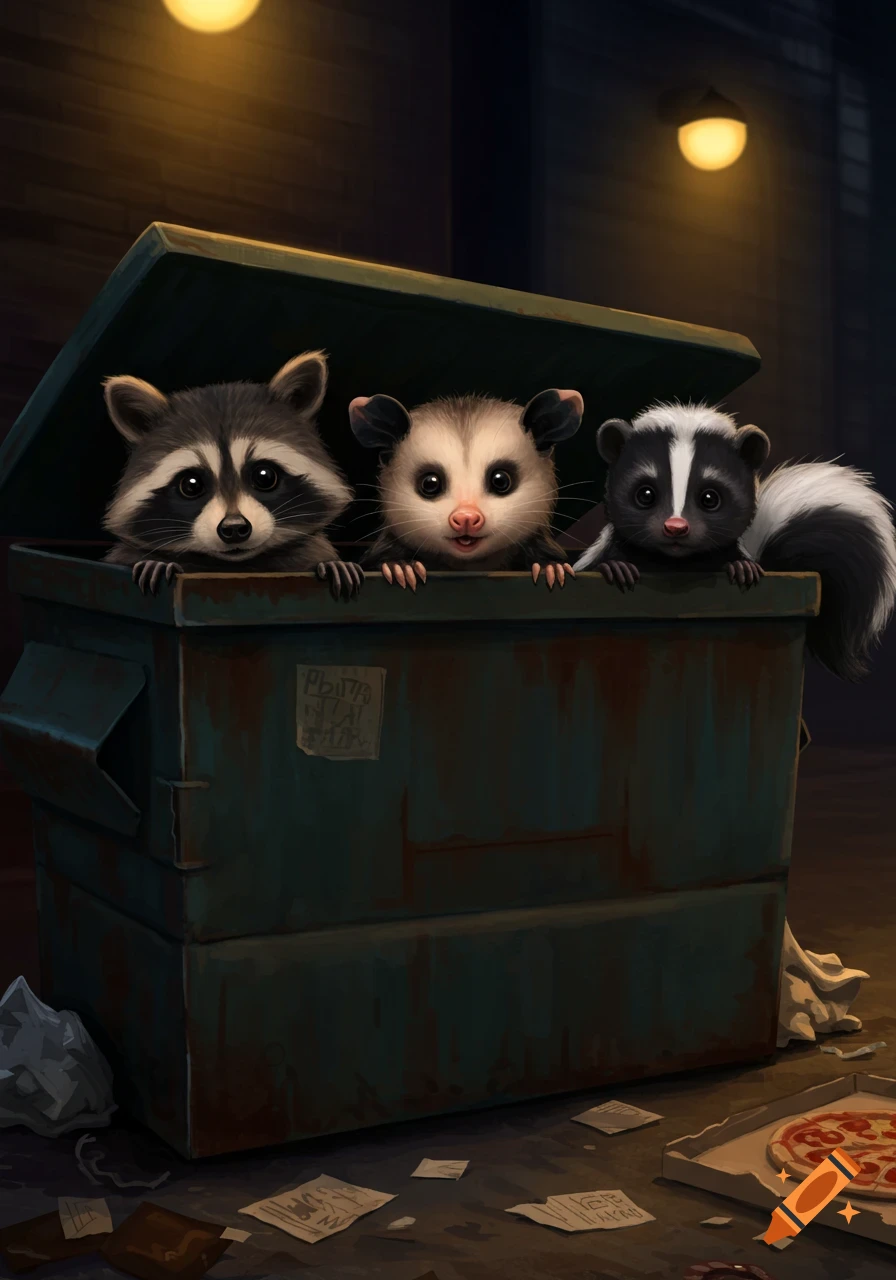 A cute raccoon, possum, and skunk peek out of a rusty green dumpster in a dark alley, with scattered trash and a pizza box on the ground.