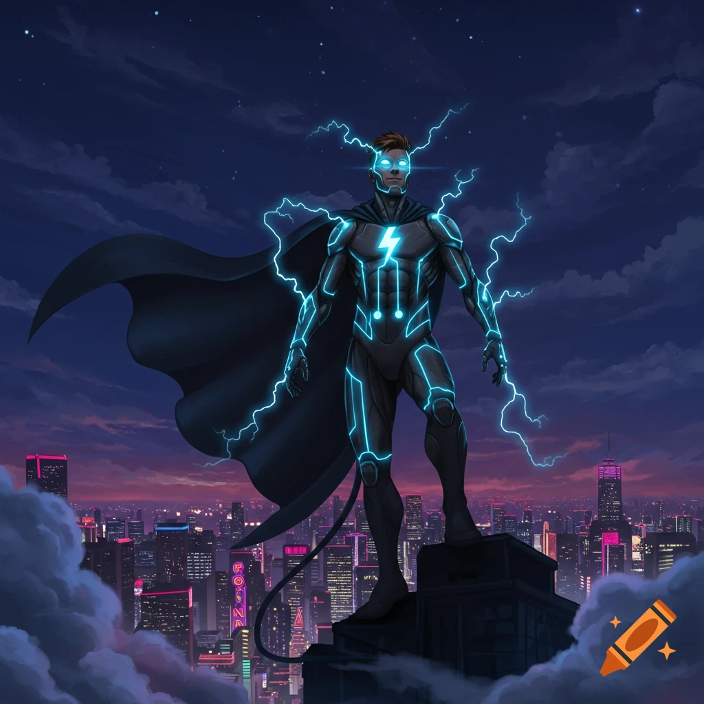 A superhero in a black suit with glowing blue lightning, a cape, stands on a rooftop overlooking a cyberpunk city at night.