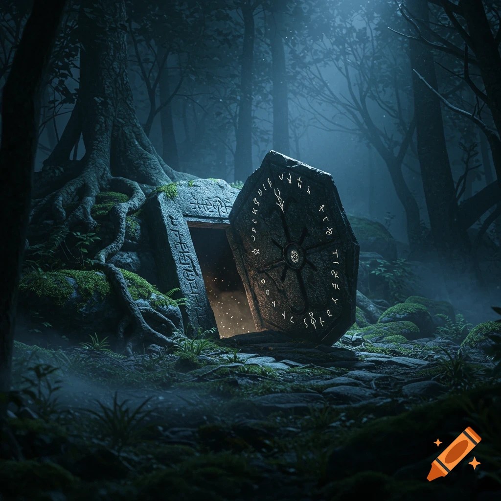 A mysterious open stone hatch with glowing runes in a dark, misty forest, surrounded by mossy roots and trees.