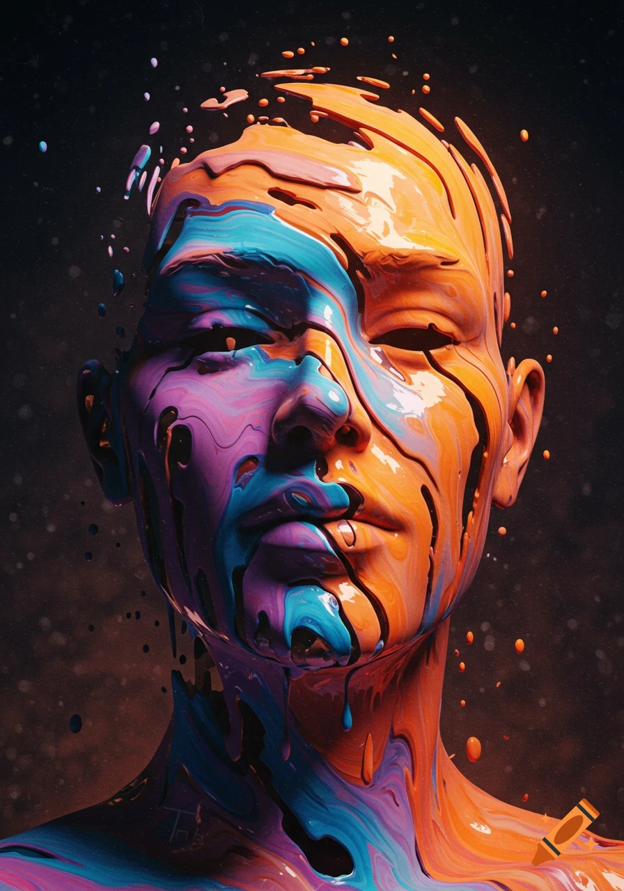 Abstract artistic portrait of a human head covered in vibrant, melting orange, blue, and purple paint.