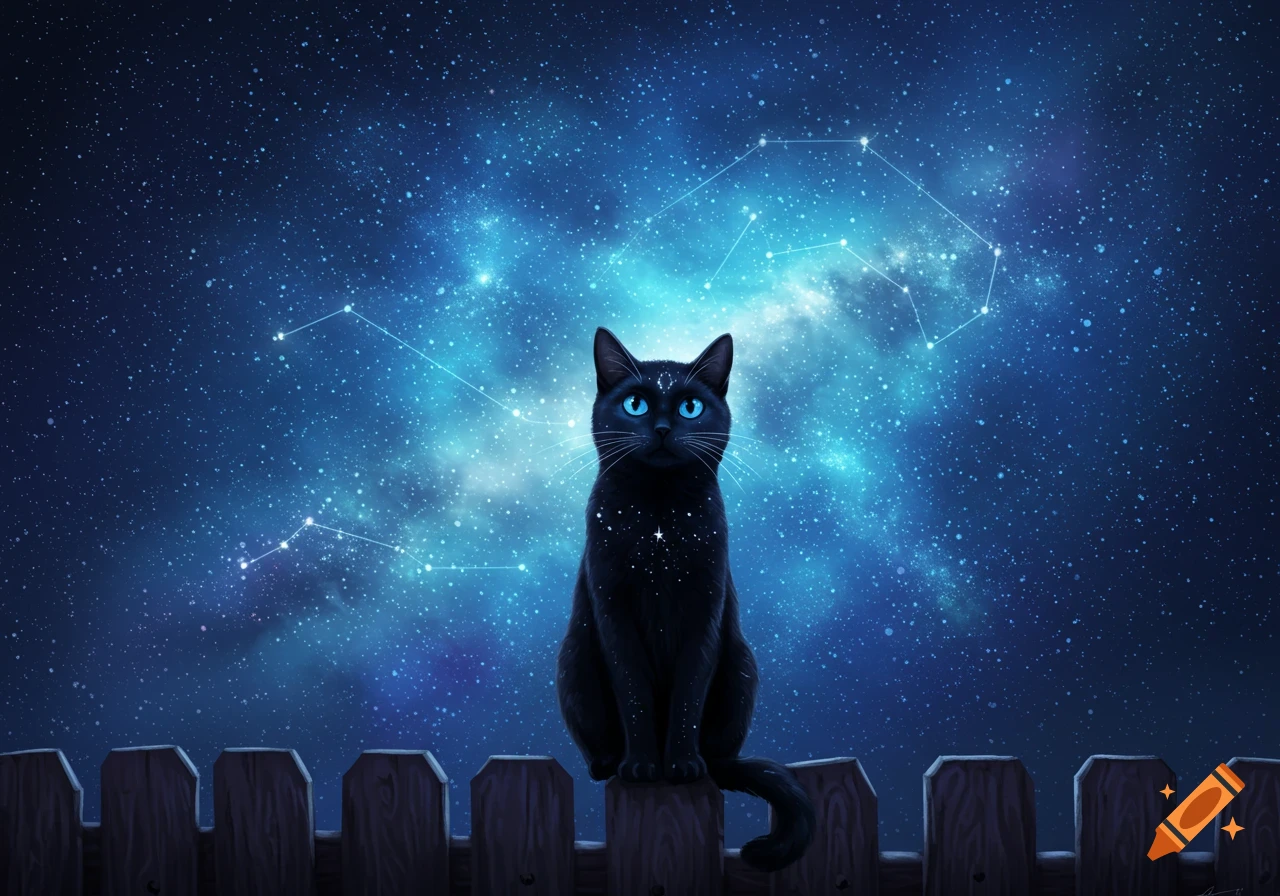 A black cat with bright blue eyes sits on a wooden fence under a vibrant blue starry night sky with constellations.