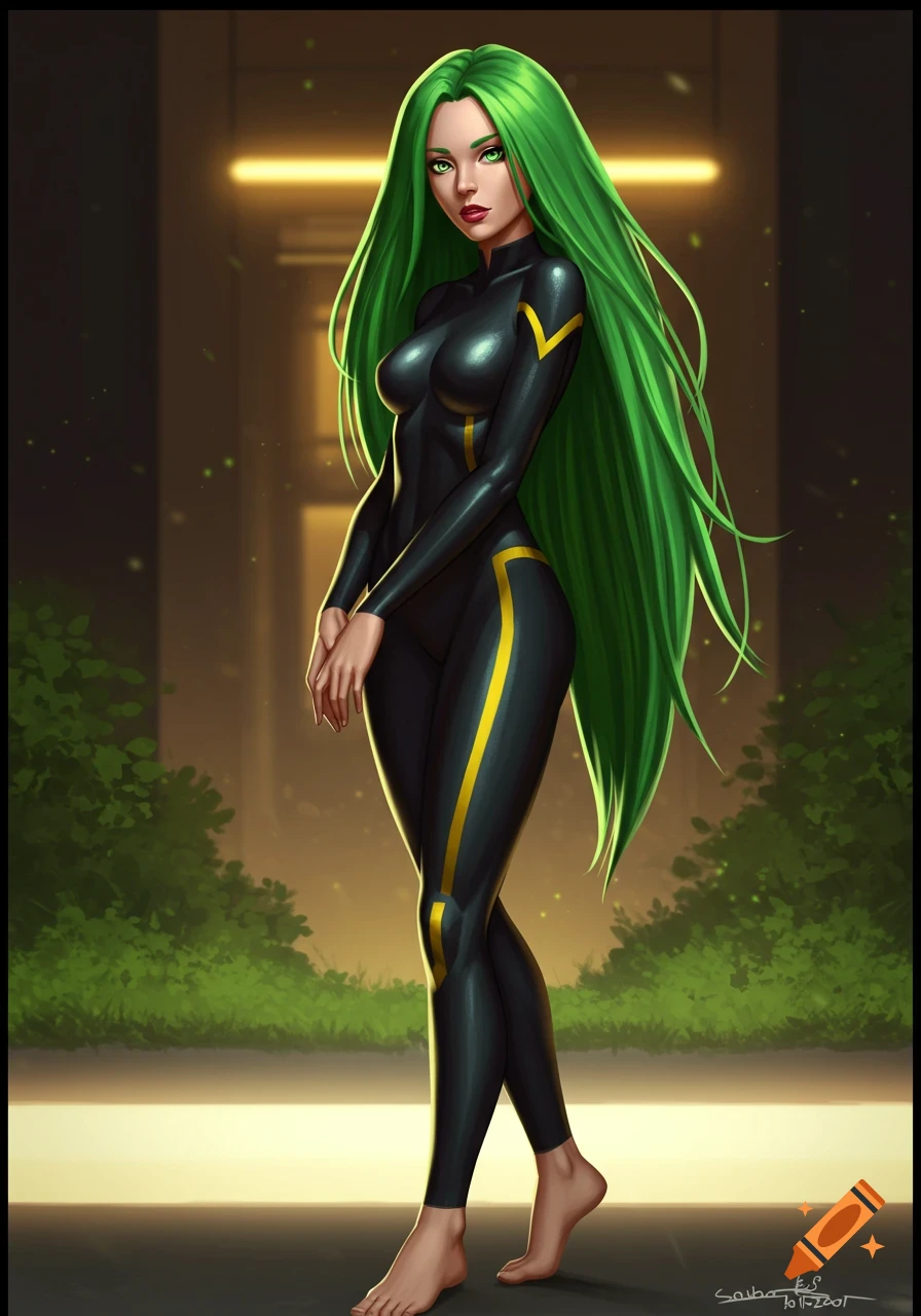 A beautiful woman with long flowing green hair and green eyes stands barefoot in a black, yellow-striped catsuit, in a digital art style.