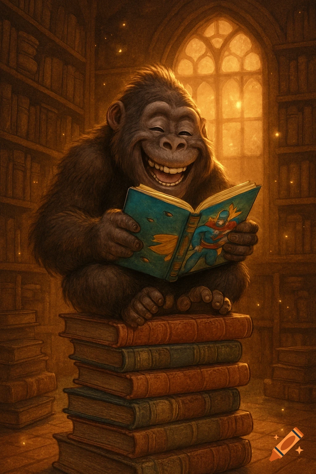 A cute, happy gorilla sits on a stack of books, reading a superhero comic in a warm, glowing library with a large window.