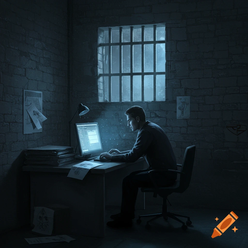 A man sits at a desk in a dark, brick-walled cell, working on a glowing computer with papers scattered around.