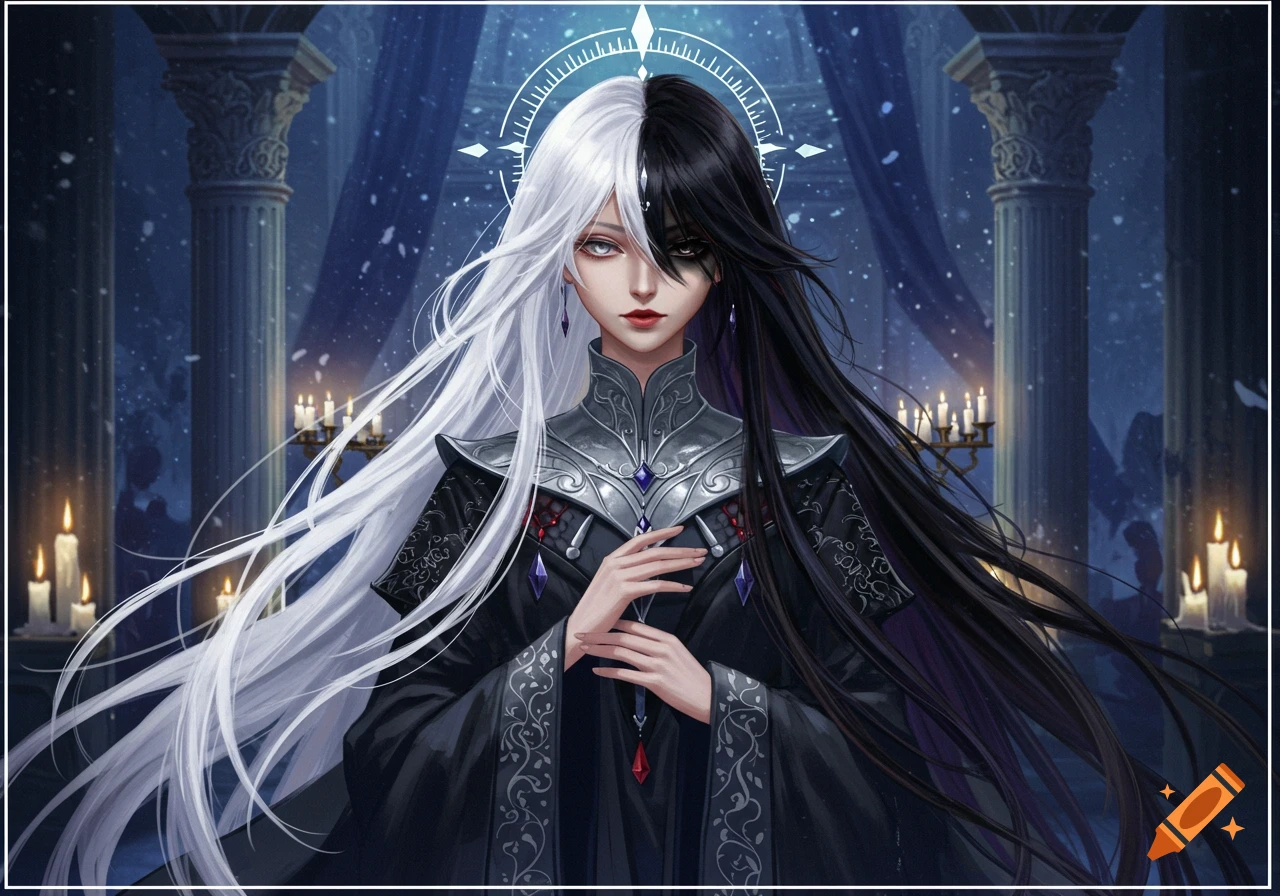 An anime woman with half white and half black hair, wearing an ornate dark outfit, stands in a candlelit chamber with pillars.