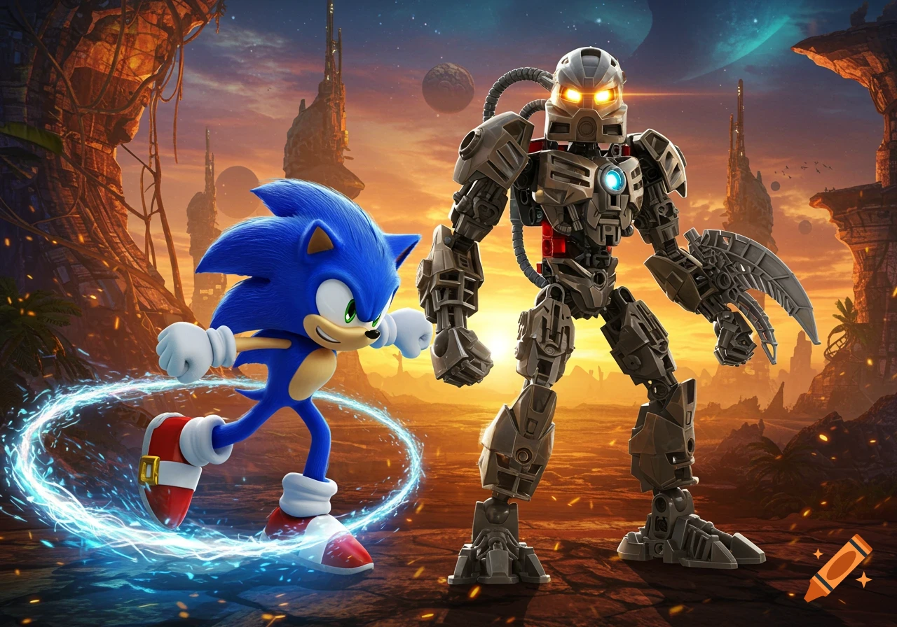 Sonic the Hedgehog runs with a blue energy trail beside a Bionicle robot in a stylized alien landscape with tall structures and an orange sky.