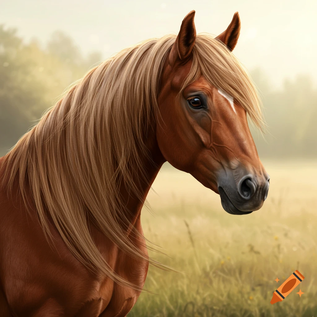 Photorealistic headshot of a brown horse with a long, blonde mane, looking right in a sunny, hazy field.