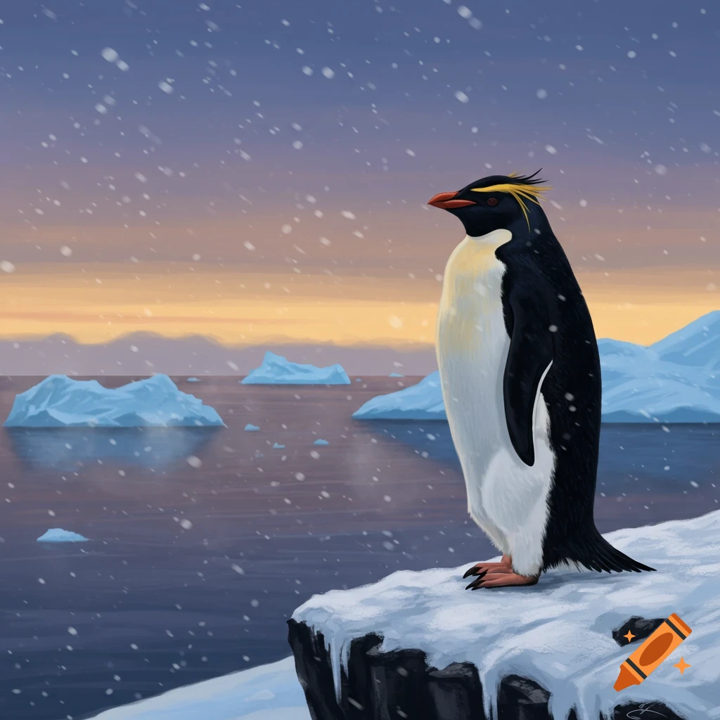 A macaroni penguin stands on a snowy cliff edge, looking out at a calm sea with icebergs under a twilight sky with falling snow.
