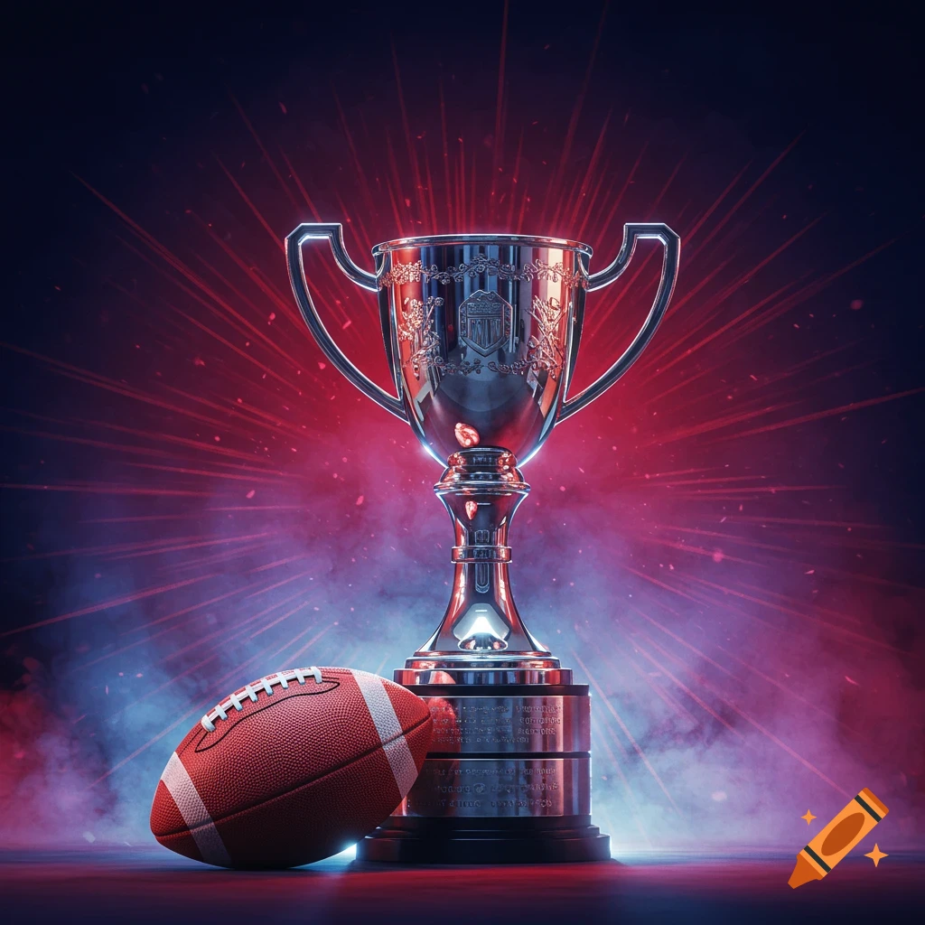A gleaming silver trophy stands next to an American football, illuminated by red and blue light rays and smoke.