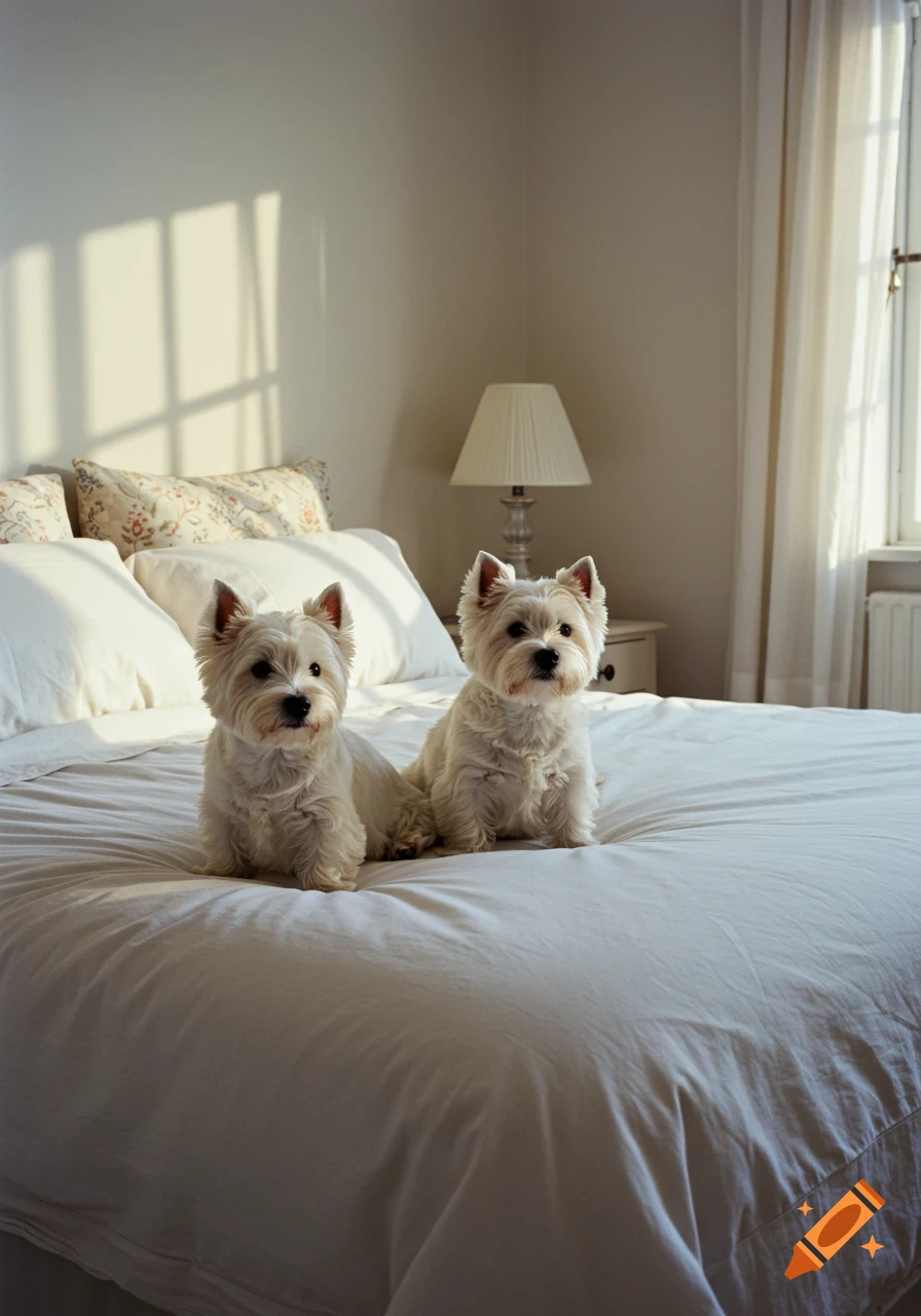 Two West Highland White Terriers sitting on a big white bed in a cozy bedroom, sunlight streaming in. Photorealistic style.
