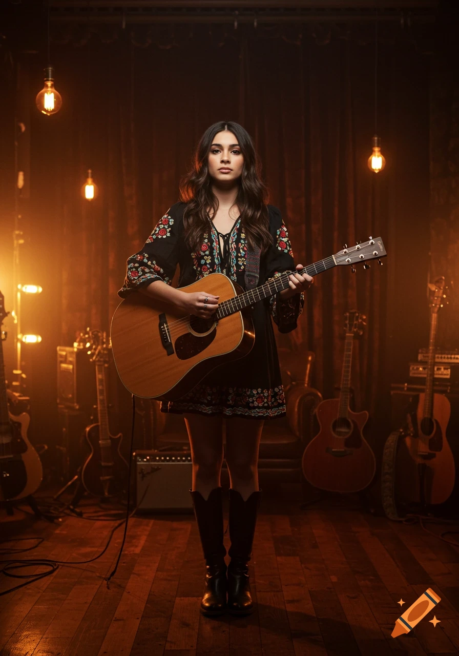 A photorealistic portrait of a female singer-songwriter standing on a stage, holding an acoustic guitar, surrounded by instruments and warm string lights.
