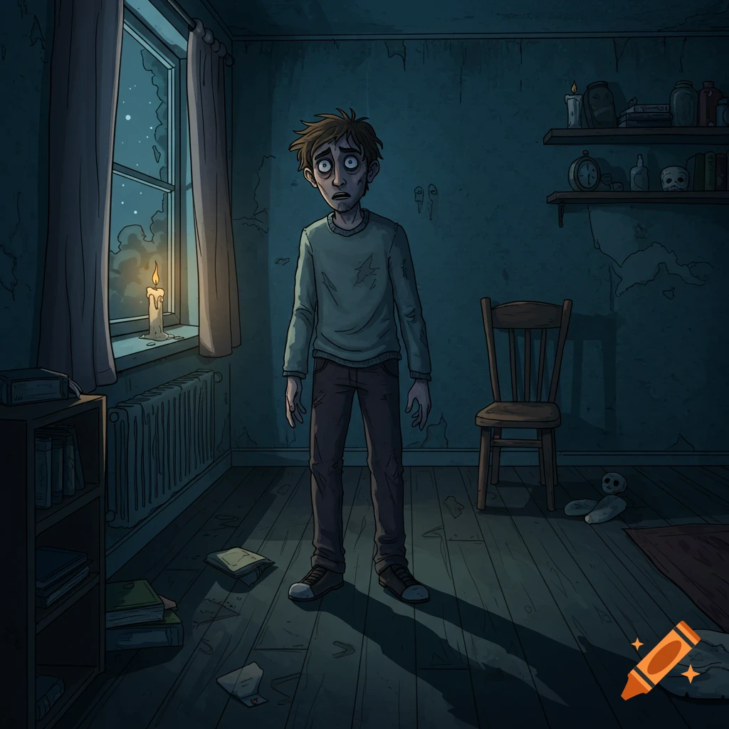 A 2D illustration of a wide-eyed, tired man standing in a dark, eerie, cluttered bedroom with a lit candle.
