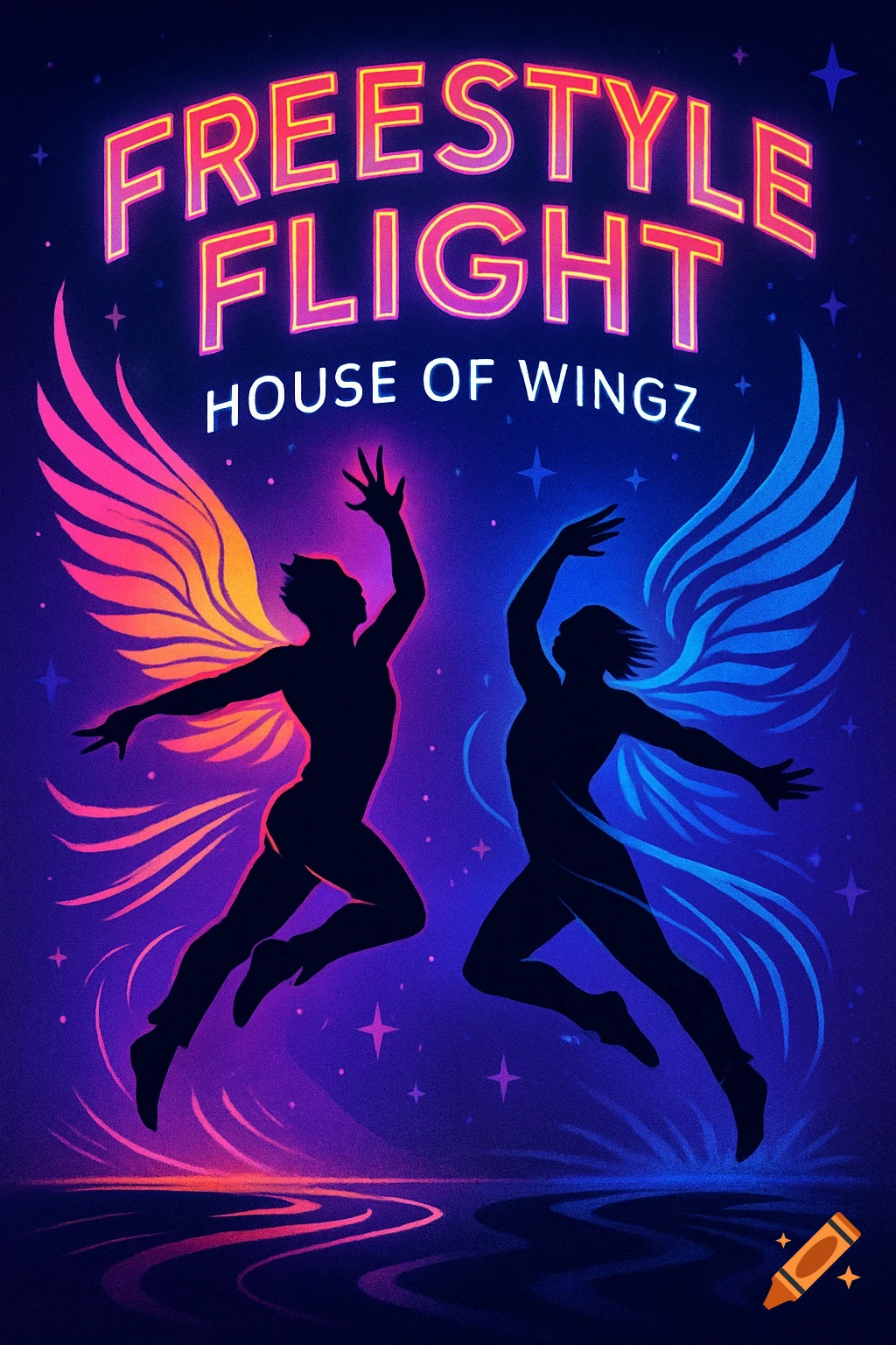 Neon poster with two silhouetted winged figures dancing or flying against a starry purple background, with 'Freestyle Flight' and 'House of Wingz' text.