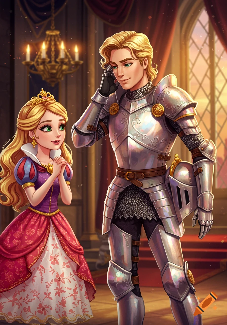 Cartoon princess in a pink gown gazes at a blonde knight in shining armor removing his helmet in a castle hall.