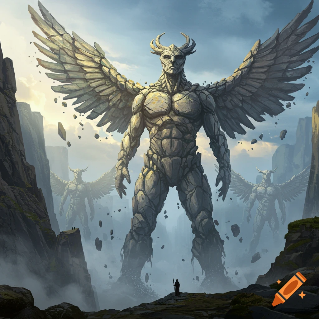 Giant winged stone figures resembling golems rise from a rocky landscape with small human figures in a fantasy setting under a cloudy sky.
