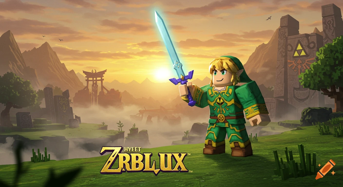 A blocky, Roblox-style Link character holds a glowing Master Sword in a Zelda-inspired fantasy landscape at sunset. Text: HYEET ZRBLUX.