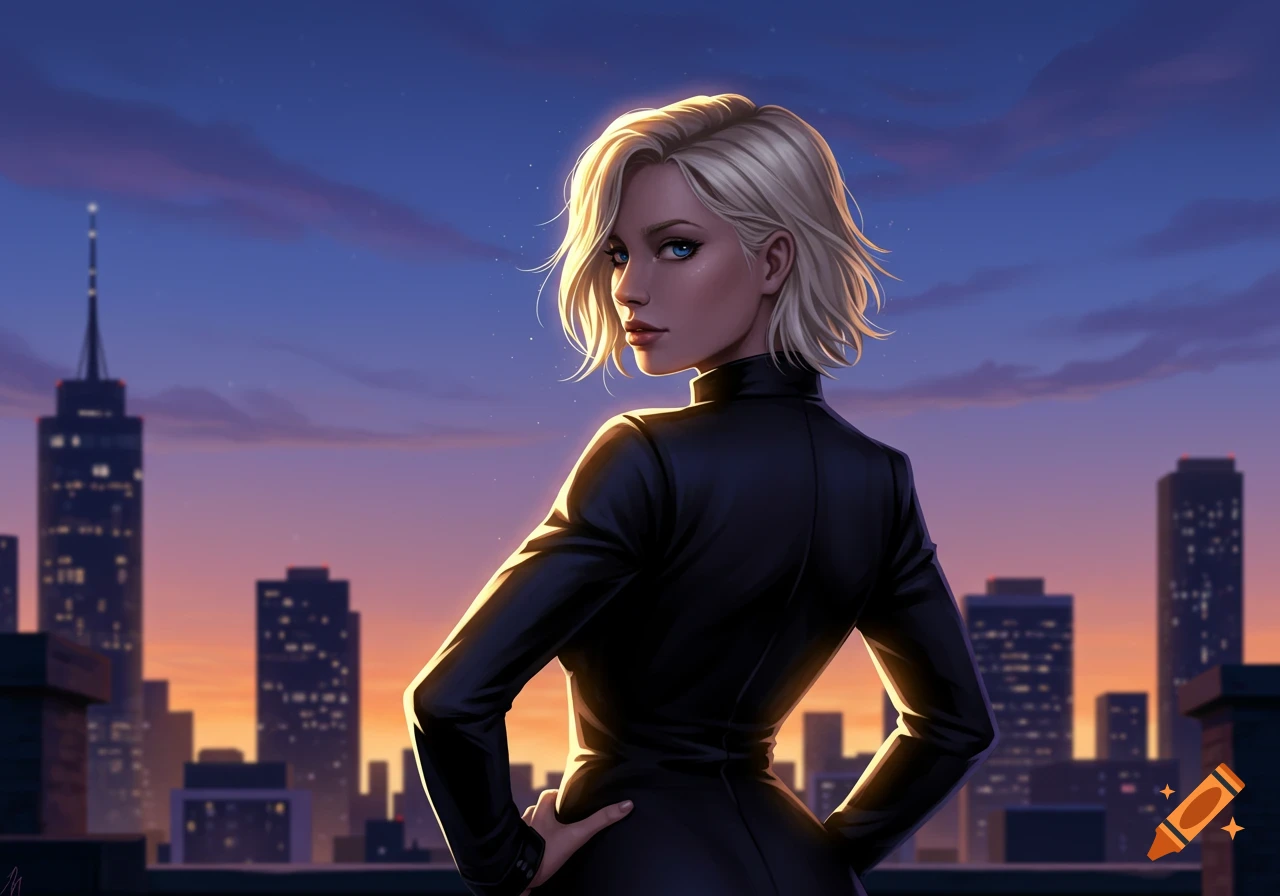 A stylish blonde woman in a dark coat stands on a rooftop overlooking a city skyline at sunset, digital art.