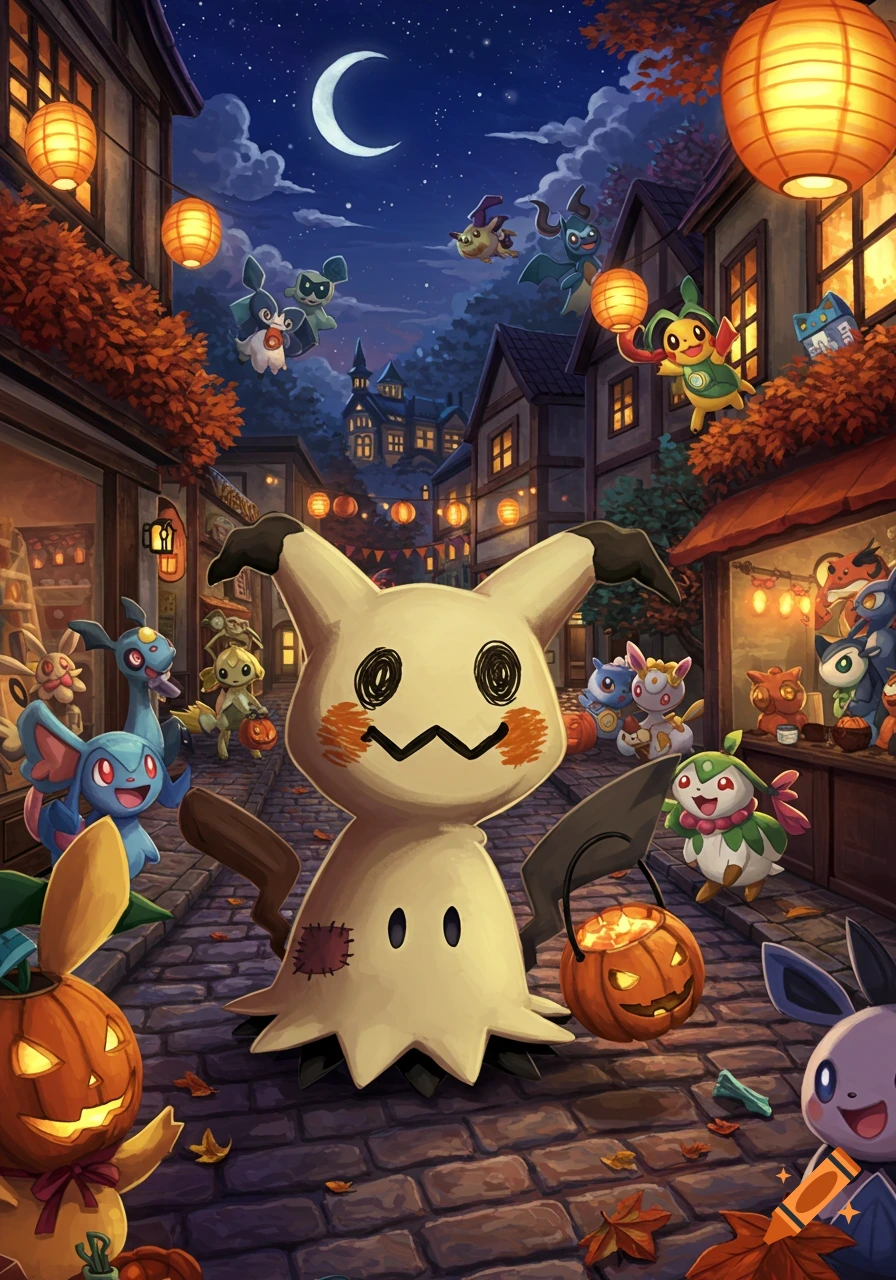 Mimikyu trick-or-treating with other Pokémon in a festive, lantern-lit town at night, surrounded by carved pumpkins.