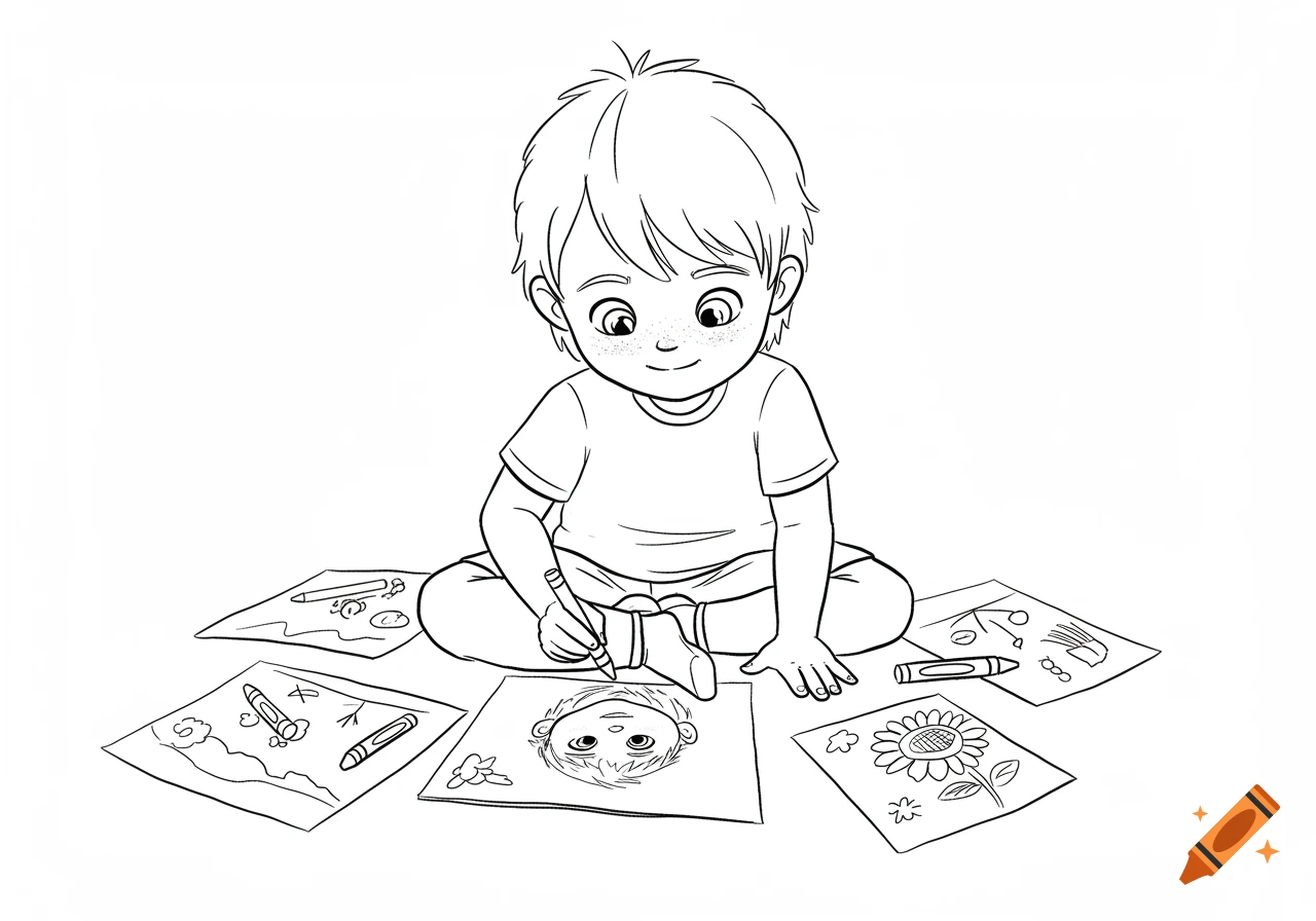 A black and white line drawing of a kindergarten child sitting on the floor, drawing on paper with crayons.