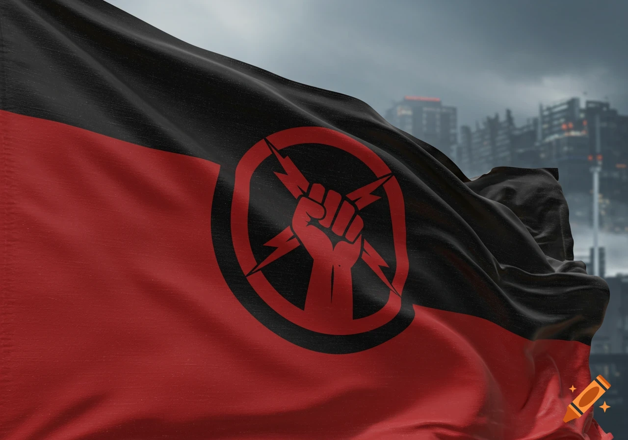 A black and red flag with a central red circle emblem featuring a black fist holding red lightning bolts crossed out by an X, waving against a dark cityscape.