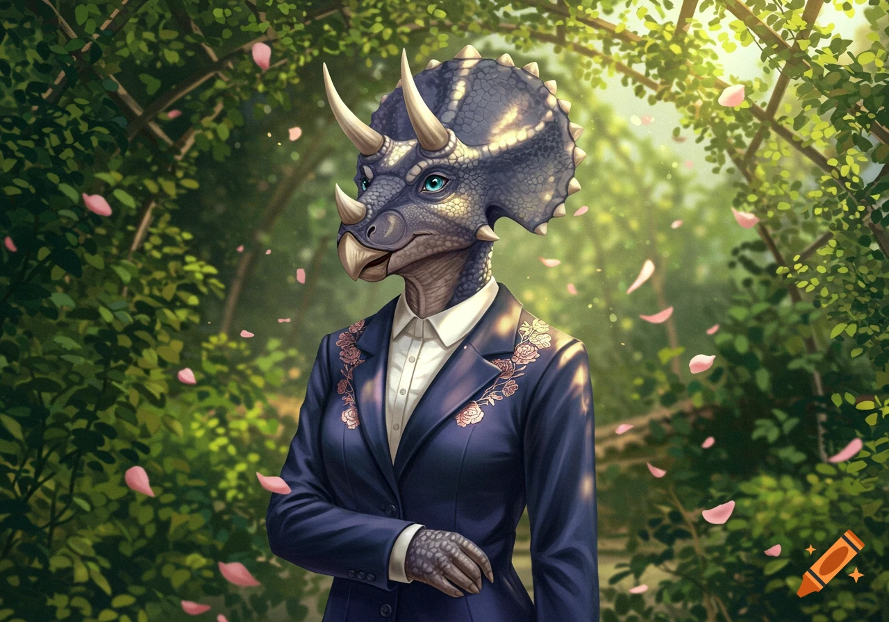 An anthropomorphic triceratops wearing a dark blue pantsuit with floral embroidery stands in a lush green garden with falling pink petals.