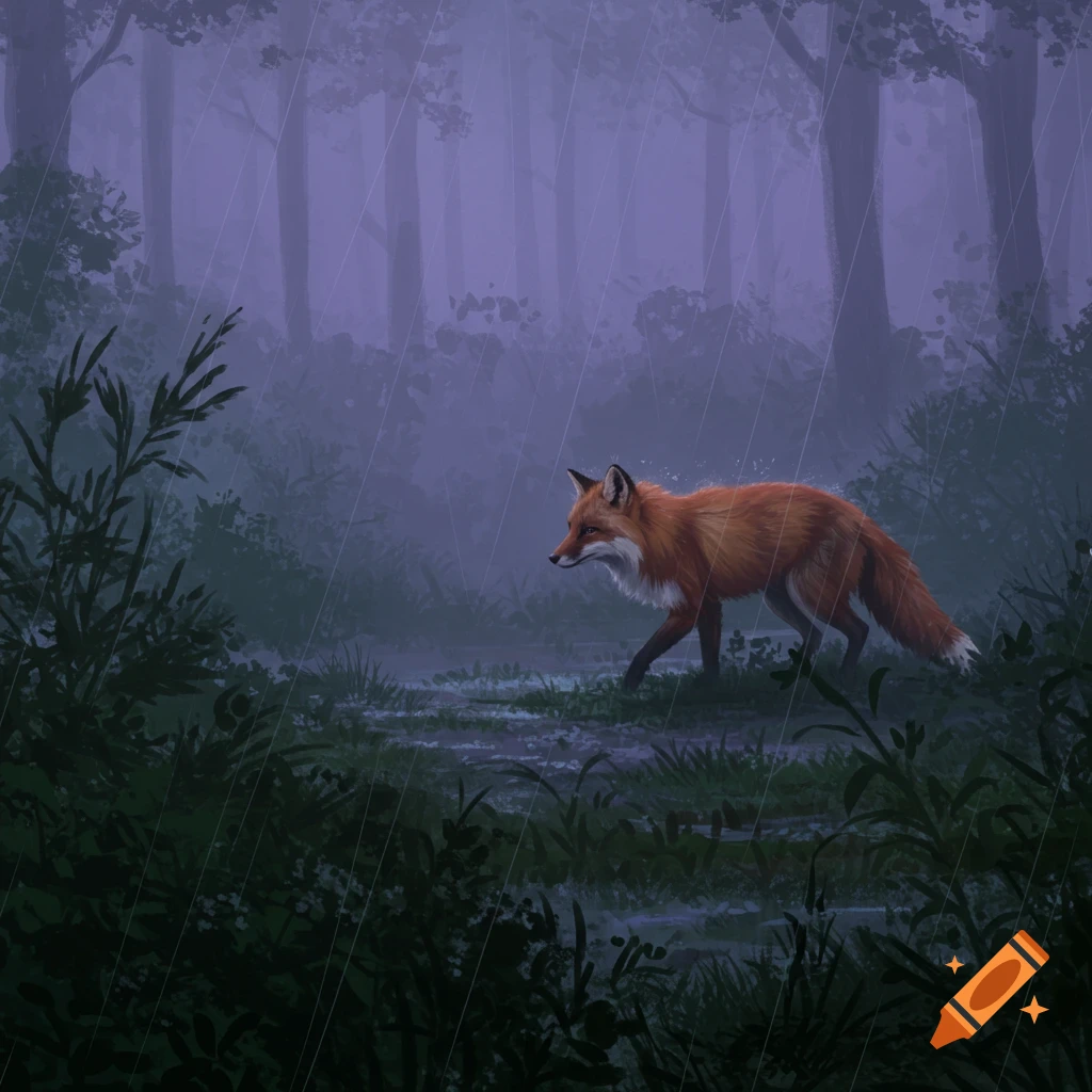An orange fox walks through a gloomy, misty, rainy forest with purple undertones in an artistic style.