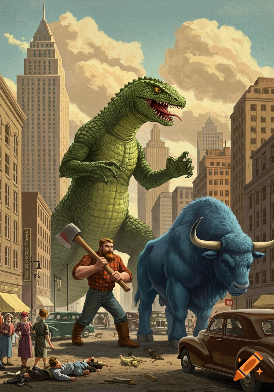 A giant green lizard monster, a bearded lumberjack with an axe, and a giant blue ox in a 1940s city street with people on the ground, in a vintage comic style.