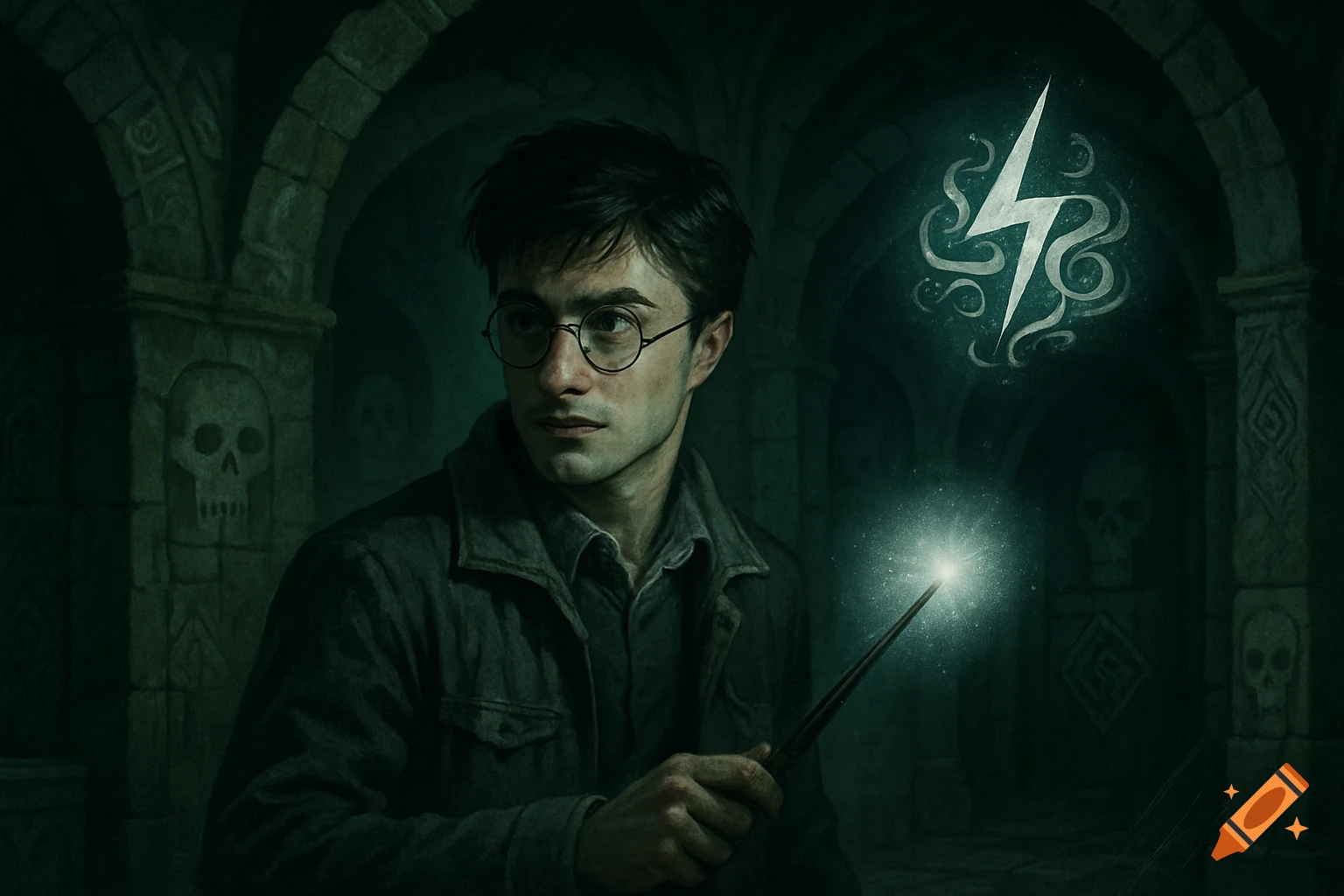 Harry Potter in a dark, skull-filled catacomb, holding a glowing wand, with a stylized lightning bolt above.