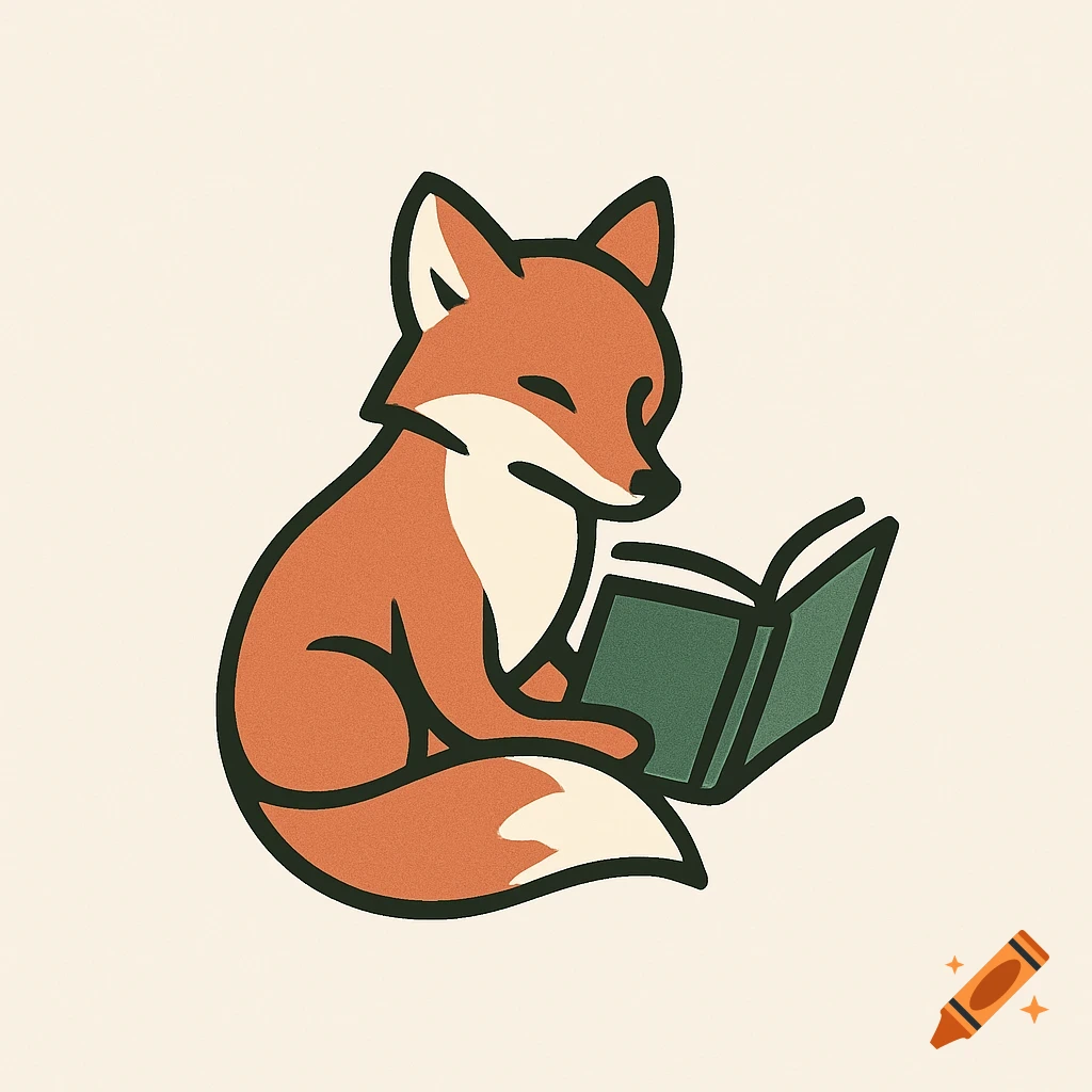 A minimalist logo of a sitting orange fox with white markings, reading an open green book.