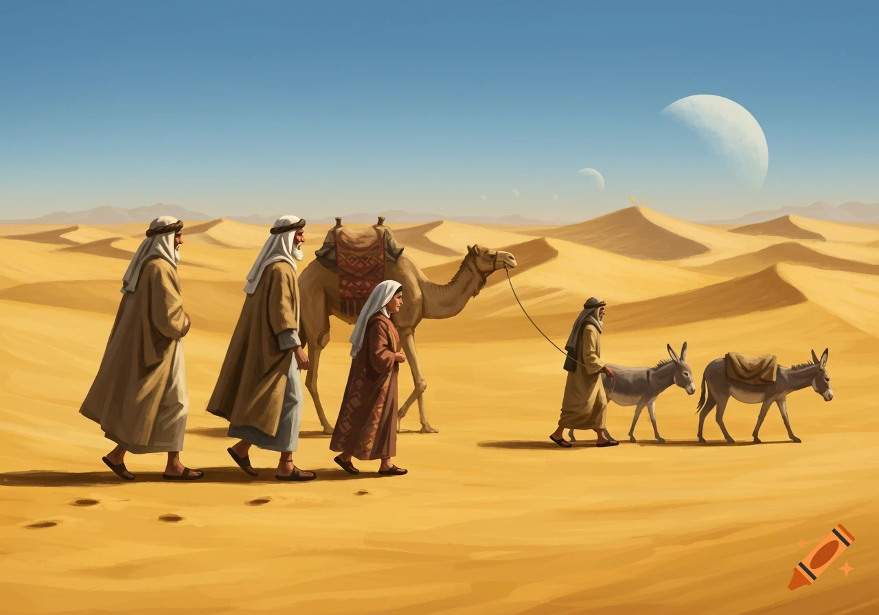 Four people, a camel, and two donkeys walk across a sunny desert with sand dunes and two moons in the sky. Illustrated.