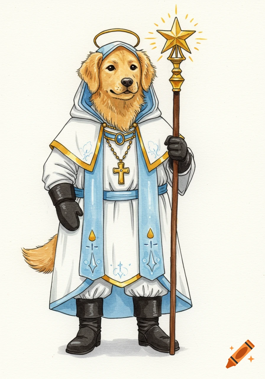 A watercolor illustration of a golden retriever cleric wearing a white and blue robe, holding a star-topped staff, with a halo.