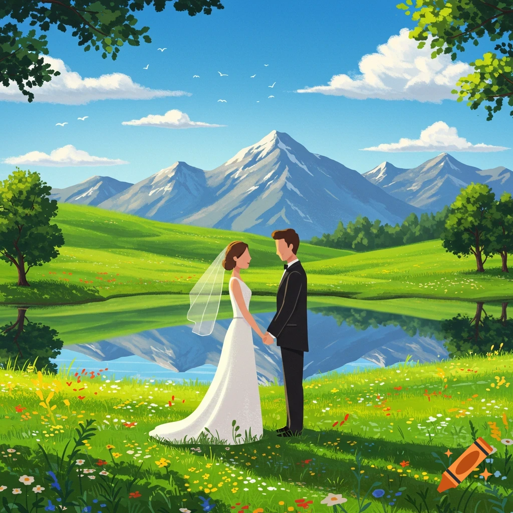 Stylized illustration of a bride and groom holding hands in a green meadow with a lake and mountains under a blue sky.