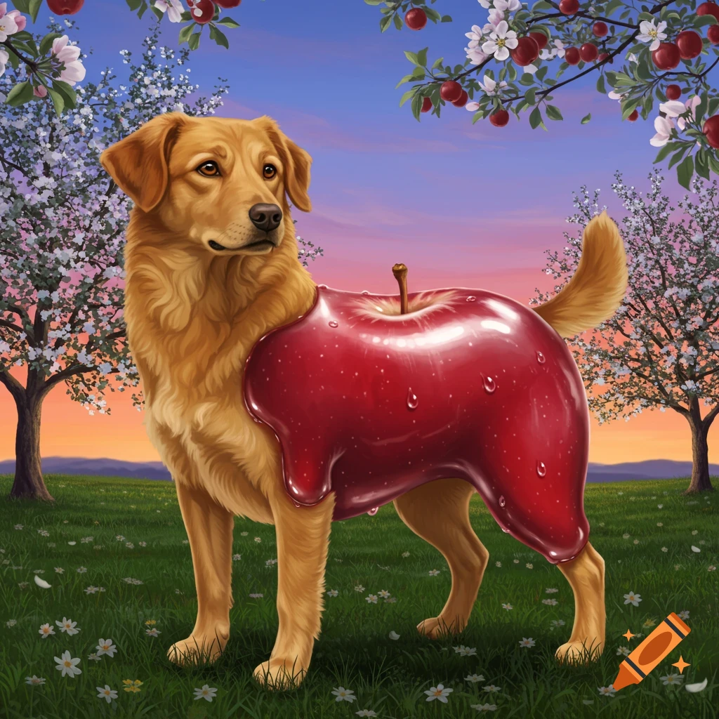 A golden retriever with a shiny red apple for a body stands in a grassy field with flowering trees under a sunset sky.