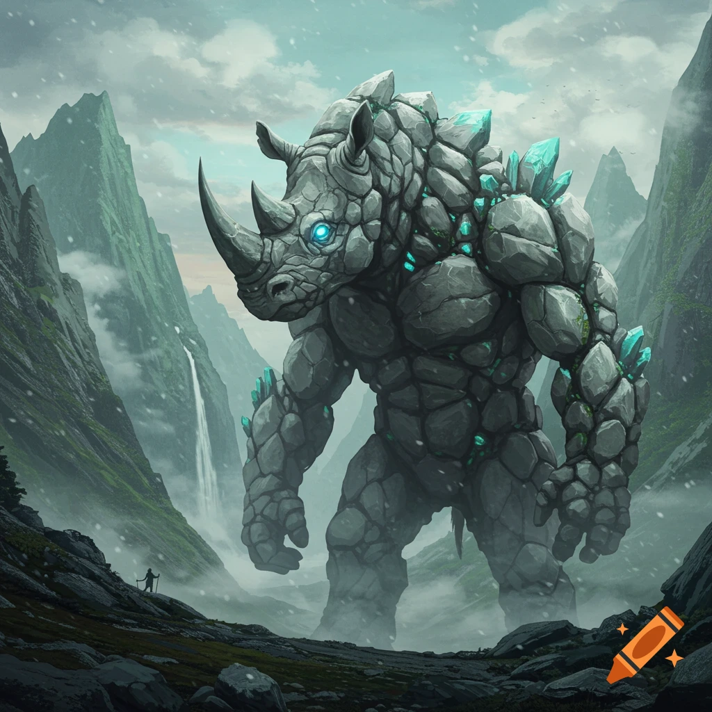A colossal rock-rhinoceros creature with glowing blue eyes and turquoise crystals stands in a misty mountain valley next to a tiny human.