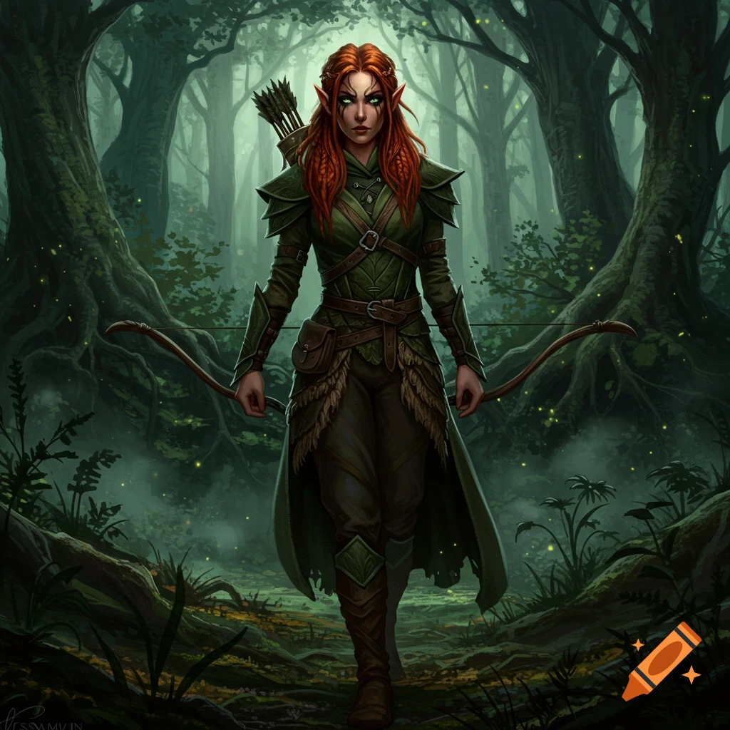 A red-haired wood elf ranger with a bow and quiver stands in a mystical green forest, looking intimidating.