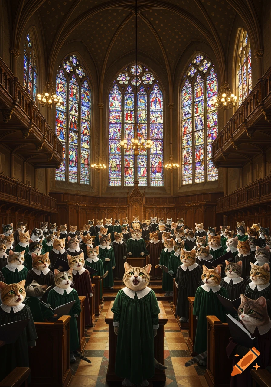 Anthropomorphic cats, dressed in robes, sing in a grand church choir with colorful stained glass windows.