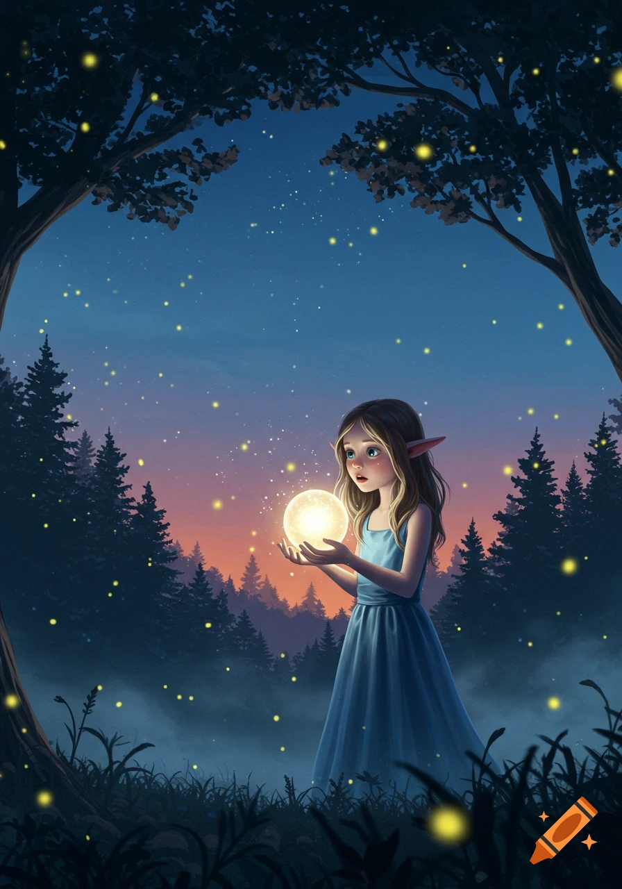 An illustration of an elf girl holding a glowing orb in a magical twilight forest with fireflies.