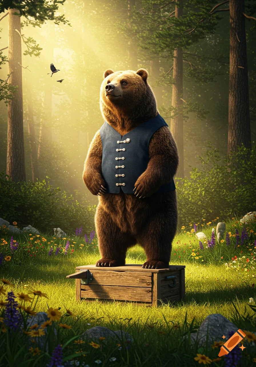 A photorealistic brown bear wearing a blue vest stands on a wooden crate in a sunlit forest clearing with wildflowers.