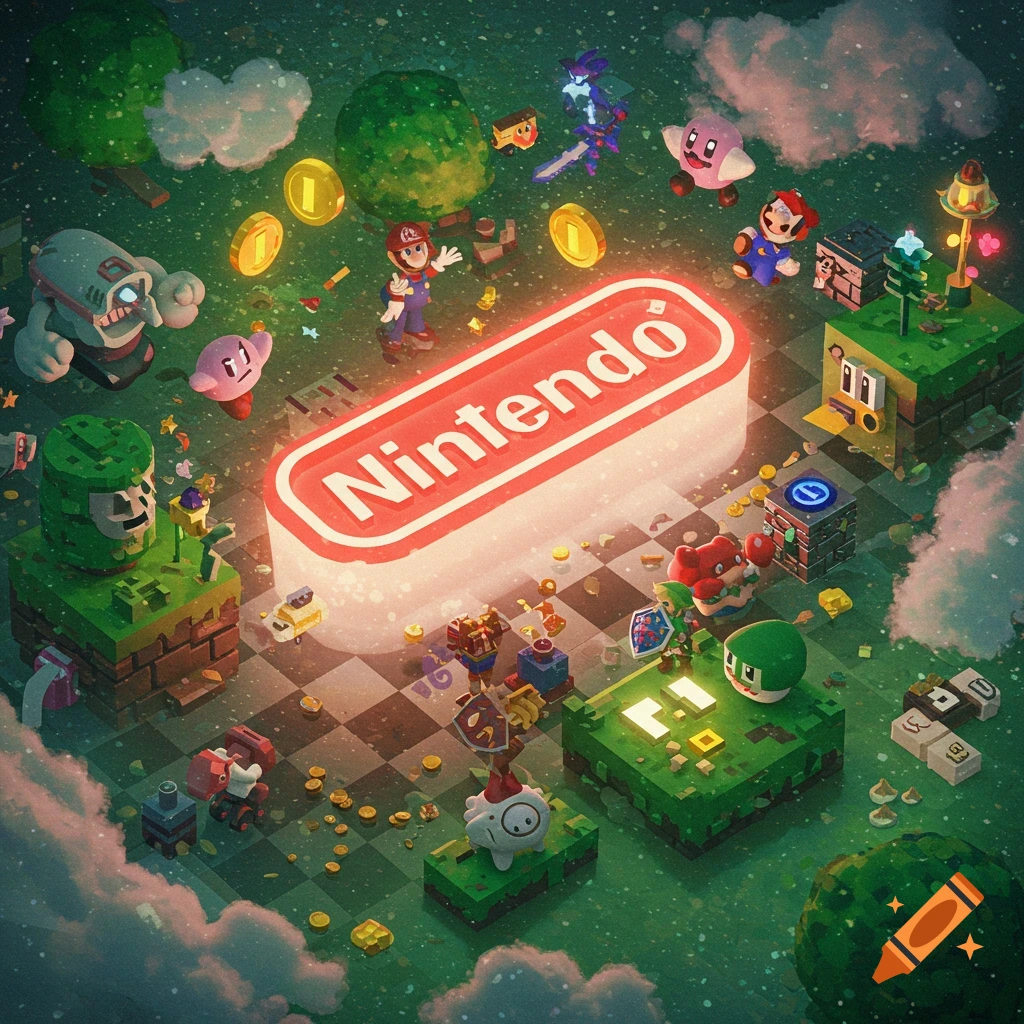 An isometric landscape filled with various Nintendo characters and game elements, centered around a glowing 'Nintendo' logo.