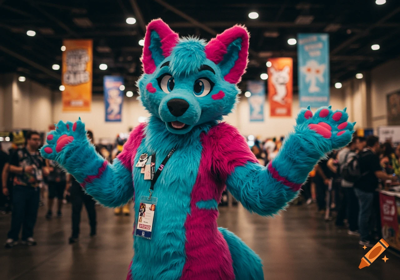 A person in a bright teal and pink furry costume with paws and large ears stands in a convention hall, smiling with arms outstretched.