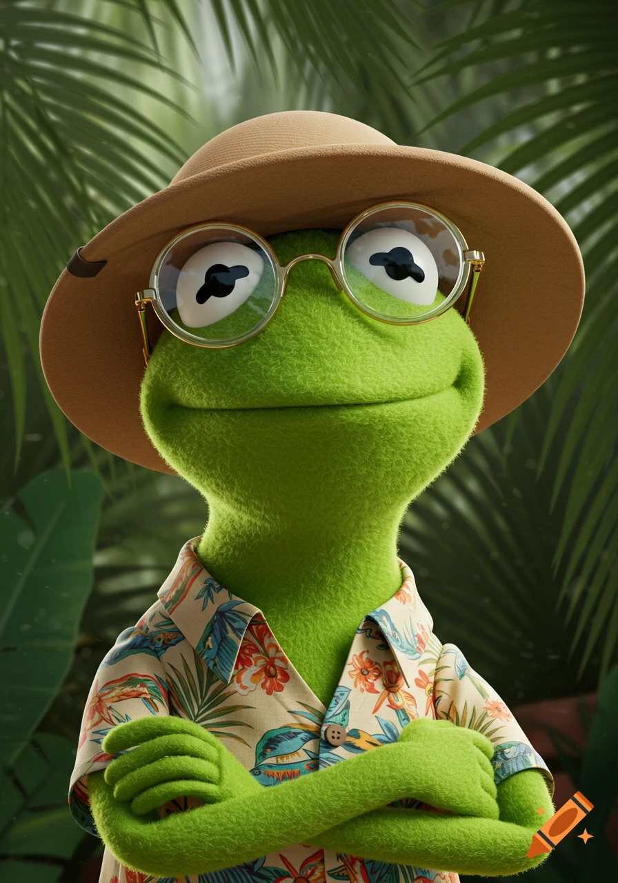 Kermit the Frog wearing a white fur coat and hat and holding a diamond  cane. on Craiyon, image size:896x1280