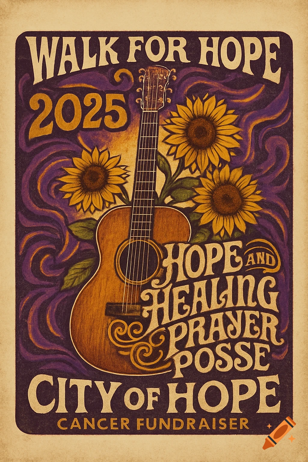 Vintage poster for 'Walk For Hope 2025 Cancer Fundraiser' with an acoustic guitar, sunflowers, and purple swirls.