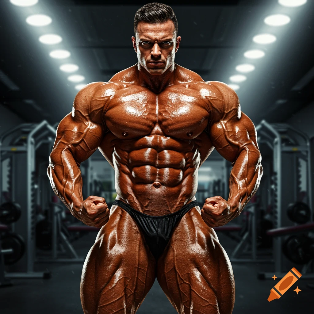 A heavily muscled, tanned bodybuilder poses in black trunks in a gym, flexing with intense expression.